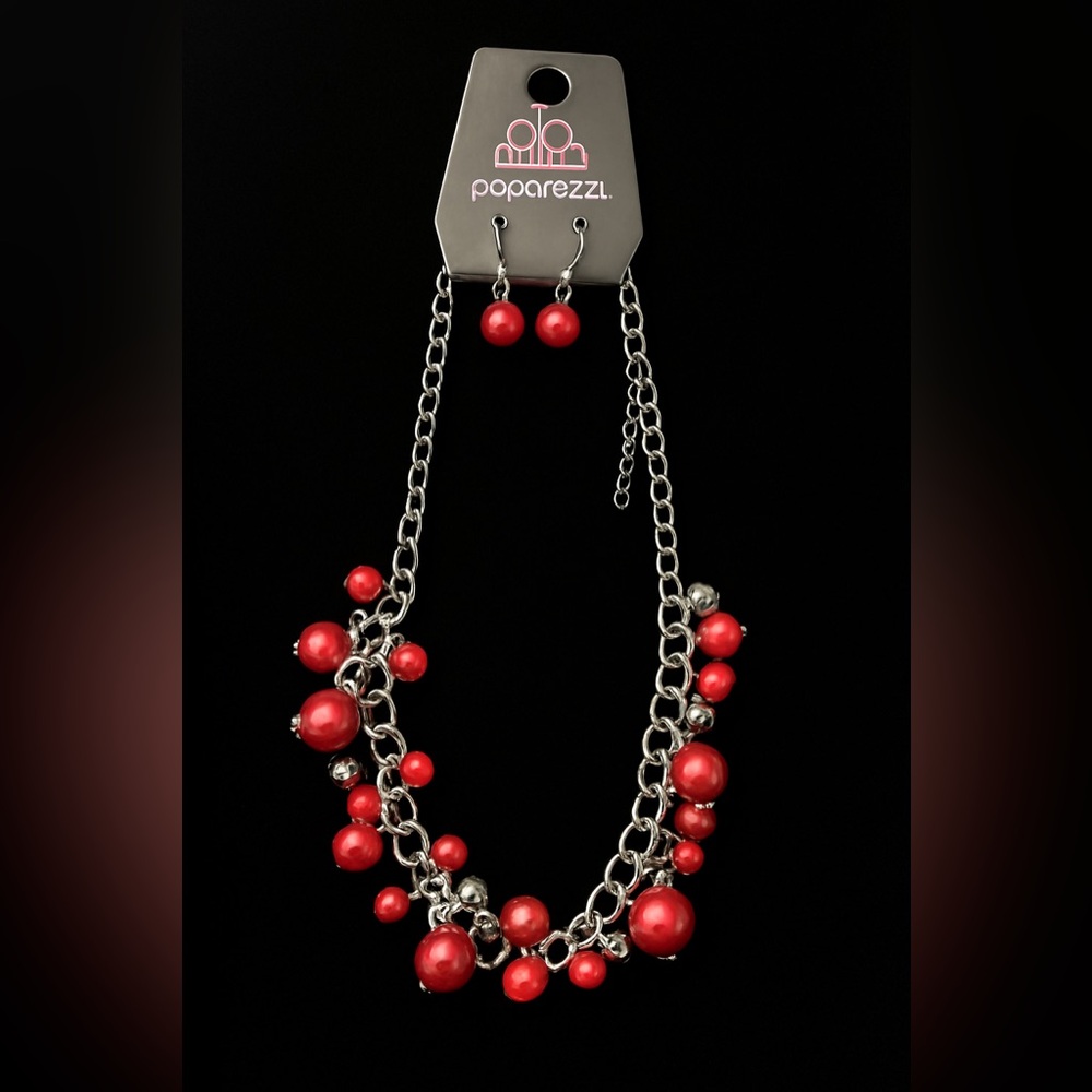 Red and Silver Necklace and Earring Set